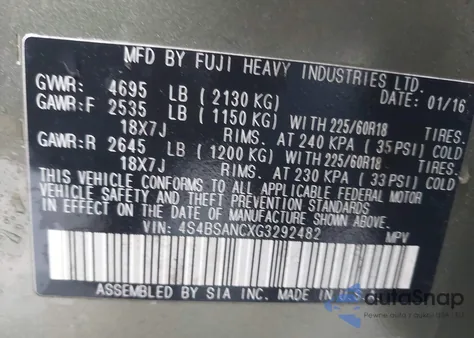 2016 Subaru Outback 2.5I Limited z USA, uszkodzony, nr VIN 4S4BSANCXG3292482